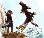  2girls belt bird_nest bird_tail bird_wings blonde_hair blue_shorts boots brown_eyes brown_hair brown_legwear brown_skirt cliff epaulettes eyebrows_visible_through_hair flying food fur_trim gloves golden_eagle_(kemono_friends) head_wings high_collar holding holding_food japari_bun kemono_friends long_sleeves mountain multicolored multicolored_clothes multicolored_hair multicolored_legwear multiple_girls multiple_persona pantyhose pleated_skirt rumenia_(ao2is) short_hair shorts skirt sleeve_cuffs uniform white_gloves white_hair white_legwear wings yellow_footwear yellow_gloves 