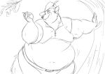  anthro apple belly belly_jiggle belt big_belly black_and_white canid canine clothed clothing disney food fox fruit hat headgear headwear holding_food holding_object leaning male mammal monochrome moobs obese obese_male overweight overweight_male plant robin_hood robin_hood_(disney) smile smirk solo tree volkenfox 