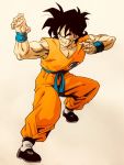  1boy black_eyes black_hair dougi dragon_ball dragon_ball_z facial_scar fighting_stance full_body highres lee_(dragon_garou) looking_to_the_side male_focus marker_(medium) muscle official_style scar scar_on_cheek smile solo toriyama_akira_(style) traditional_media wristband yamcha 