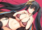  1girl ahoge azur_lane bangs bare_shoulders black_hair blush breasts closed_mouth collarbone commentary_request hair_between_eyes horosuke_(toot08) japanese_clothes kimono large_breasts licking_lips long_hair looking_at_viewer lying mask mask_on_head navel on_side open_clothes open_kimono red_eyes simple_background smile solo striped_bikini_bottom striped_bikini_top suggestive_fluid taihou_(azur_lane) thighs tongue tongue_out twintails very_long_hair 
