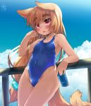  1girl against_railing animal_ears bangs bare_arms bare_shoulders blue_sky blue_swimsuit blush breasts brown_hair can casual_one-piece_swimsuit cloud cloudy_sky covered_navel day eyebrows_visible_through_hair fang fingernails fox_ears fox_girl fox_tail groin hand_up holding holding_can leaning_on_rail long_hair looking_away low-tied_long_hair one-piece_swimsuit original outdoors parted_lips railing signature sky small_breasts solo swimsuit tail thick_eyebrows toba_hiyoko very_long_hair 