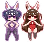  2girls :&lt; absurdres ahoge animal_ear_fluff animal_ears ass_visible_through_thighs azur_lane bare_arms bare_shoulders black_footwear black_hair black_legwear blush breasts brown_hair brown_outline bunny_ears bunny_girl bunnysuit closed_mouth covered_collarbone covered_navel double_bun hairband hands_on_hips highres kurukurumagical leotard long_hair medium_breasts multiple_girls ning_hai_(azur_lane) outline outstretched_arms pantyhose parted_lips ping_hai_(azur_lane) purple_background purple_eyes purple_leotard red_eyes red_leotard shoes side_bun simple_background small_breasts thighhighs two_side_up very_long_hair white_background white_hairband 