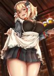  1girl :d absurdres alcohol apron apron_lift azur_lane bangs beer beer_can black_skirt blonde_hair breasts brown_eyes can chushou_wang commentary_request eyebrows_visible_through_hair frilled_apron frills from_above hair_between_eyes head_tilt headgear highres holding holding_tray indoors large_breasts lifted_by_self long_sleeves looking_at_viewer looking_down maid_apron maid_headdress multicolored_hair open_mouth pleated_skirt red_hair roon_(azur_lane) short_hair skirt smile solo standing streaked_hair thighs tray waist_apron white_apron 