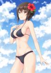  1girl bangs bare_shoulders bikini black_bikini blue_sky breasts brown_hair cloud cloudy_sky collarbone crotch_seam darknessukaru flower girls_und_panzer hair_flower hair_ornament hand_on_own_chest hibiscus highres light_rays looking_at_viewer navel nishizumi_maho short_hair sideboob sky smile solo standing swimsuit 