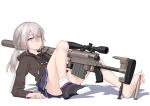  1girl absurdres barefoot between_toes bolt_action cheytac_m200 commentary feet girls_frontline gun highres jacket legs looking_at_viewer m200_(girls_frontline) ponytail rifle silver_eyes silver_hair simple_background single_sock skirt sniper_rifle socks soles solo thighs toes twitter_username vectorek weapon white_background 