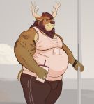  anthro antlers belly better_version_at_source beverage brown_fur bulge cervid clothed clothing ear_piercing ear_ring fur grin holding_beverage holding_object horn male mammal moobs musclegut muscular muscular_male overweight overweight_male piercing smile solo standing tattoo tcw 