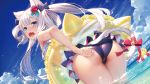  1girl adjusting_clothes adjusting_swimsuit animal_ear_fluff animal_ears ass azur_lane bangs bell bikini bikini_skirt bird blue_eyes blue_sky blush bow cat_ears cat_tail chick cloud cropped day dutch_angle eyebrows_visible_through_hair fang flower frilled_bikini frills from_behind hair_bow hair_flower hair_ornament hair_rings hammann_(azur_lane) highres horizon innertube izumi_sai jingle_bell leaning_forward lifebuoy long_hair looking_at_viewer looking_back manjuu_(azur_lane) ocean official_art open_mouth outdoors ribbon skin_fang sky solo standing star star_print swimsuit tail tail_bell tail_ribbon tan tanline twintails wading water white_hair 