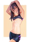  1girl :d armpits arms_up ataruman bike_shorts black_hair blush breasts commentary_request fang gesugao groin hair_ornament hairclip highres ijiranaide_nagatoro-san long_hair looking_at_viewer nagatoro navel one-piece_tan open_mouth orange_eyes simple_background skin_fang small_breasts smile solo sports_bra stomach sweat tan tanline uneven_eyes white_background 