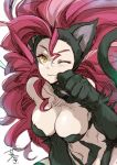  1girl :3 ahoge alternate_color alternate_hair_color animal_ears artist_name big_hair black_fur breasts cat_ears cat_girl cat_paws cat_tail claws cleavage clenched_hands closed_mouth felicia fur hagiya_kaoru huge_ahoge looking_at_viewer medium_breasts one_eye_closed palette_swap paw_pose paws red_hair signature slit_pupils smile solo tail vampire_(game) yellow_eyes 