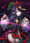  1girl absurdres bangs braid breasts china_dress chinese_clothes cleavage covered_navel cowboy_shot dress fang fate/grand_order fate_(series) fingernails frilled_sleeves frills hair_rings hat heroic_spirit_chaldea_park_outfit highres horns iku!_iku!! jacket jiangshi long_fingernails long_hair long_sleeves looking_at_viewer medium_breasts no_panties ofuda oni oni_horns open_mouth outstretched_arms peacock_feathers pelvic_curtain pointy_ears purple_dress purple_eyes purple_hair purple_jacket red_horns red_nails sash short_dress shuten_douji_(fate/grand_order) smoke solo tongue tongue_out twin_braids wide_sleeves 