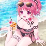  1girl :d armlet bead_bracelet beads bikini black_bikini bracelet breasts cleavage collarbone cup drinking_glass drinking_straw eyebrows_visible_through_hair eyewear_on_head fingernails flower hair_flower hair_ornament hair_ribbon hatejima_raichi hibiscus holding holding_cup ice ice_cube jewelry looking_at_viewer medium_breasts ocean on_ground open_mouth original pink_eyes pink_hair plaid plaid_bikini purple_nails ribbon short_hair side-tie_bikini sitting smile soaking_feet solo summer sunglasses swimsuit thighlet toenail_polish two-tone_bikini yokozuwari 