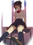  1girl :d black_hair black_legwear bow bowtie brown_eyes commentary_request desk kimi_no_na_wa. loafers looking_at_viewer mibu_natsuki miyamizu_mitsuha on_desk open_mouth pleated_skirt school_uniform shoes sitting sitting_on_desk skirt smile solo 