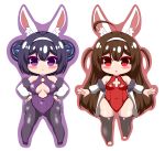  2girls :&lt; absurdres ahoge animal_ear_fluff animal_ears ass_visible_through_thighs azur_lane bare_shoulders black_footwear black_hair black_legwear blush breasts brown_hair brown_outline bunny_ears bunny_girl bunnysuit closed_mouth commentary_request covered_collarbone covered_navel double_bun fur-trimmed_jacket fur_trim hairband hands_on_hips highres jacket kurukurumagical leotard long_hair long_sleeves medium_breasts multiple_girls ning_hai_(azur_lane) off_shoulder open_clothes open_jacket outline outstretched_arms pantyhose parted_lips ping_hai_(azur_lane) puffy_long_sleeves puffy_sleeves purple_background purple_eyes purple_leotard red_eyes red_leotard shoes side_bun simple_background small_breasts thighhighs two_side_up very_long_hair white_background white_hairband white_jacket 