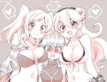  3girls @_@ bikini blush breasts cleavage closed_mouth corrin_(fire_emblem) corrin_(fire_emblem)_(female) eromame female_my_unit_(fire_emblem:_kakusei) fire_emblem fire_emblem:_kakusei fire_emblem_fates fire_emblem_heroes flower grey_background hair_flower hair_ornament hairband heart large_breasts long_hair lucina monochrome multiple_girls my_unit_(fire_emblem:_kakusei) navel o-ring o-ring_bikini open_mouth pointy_ears simple_background smile spoken_heart swimsuit tiara twintails twitter_username upper_body 