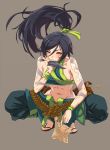  1girl absurdres akali arm_tattoo baggy_pants bare_arms black_hair blush breasts dagger feet full_body half-closed_eyes heart highres holding holding_weapon league_of_legends looking_at_viewer love_letter midriff moohyungking navel ninja pants ponytail sideboob slippers solo squatting tattoo weapon wristband yellow_eyes 