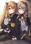  2girls :p ;) bangs black_bow black_gloves black_jacket black_legwear black_ribbon black_skirt blush bow brown_eyes brown_hair bullet_casing closed_mouth commentary dress_shirt eyebrows_visible_through_hair fingerless_gloves fingernails girls_frontline gloves gun h&amp;k_ump9 hair_between_eyes hair_bow hair_ornament hairclip hands_together head_tilt hitsukuya jacket long_hair long_sleeves looking_at_viewer multiple_girls object_namesake one_eye_closed one_side_up open_clothes open_jacket pantyhose pleated_skirt red_eyes ribbon scar scar_across_eye shirt sitting skirt sleeves_past_wrists smile submachine_gun tongue tongue_out twintails ump45_(girls_frontline) ump9_(girls_frontline) very_long_hair weapon white_shirt 