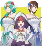  3girls :o bare_shoulders blue_eyes blush bow breasts bride_(fire_emblem) brown_hair detached_sleeves dress fire_emblem fire_emblem:_path_of_radiance fire_emblem:_radiant_dawn flower green_hair hair_flower hair_ornament hands_on_hips headband headpiece highres kyufe long_hair looking_at_viewer multiple_girls purple_hair sanaki_kirsch_altina short_hair sigrun simple_background smile strapless strapless_dress tanith wedding_dress white_dress yellow_eyes 