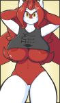  2019 absurd_res amber_eyes anthro anthrofied areola big_breasts bottomless breasts clothed clothing english_text fan_character female hair hands_behind_head hi_res latias legendary_pok&eacute;mon lewdtias long_hair looking_at_viewer navel nintendo nipple_slip nipples partially_clothed pok&eacute;mon pok&eacute;mon_(species) pussy quin-nsfw red_hair red_nipples red_skin shirt simple_background smile solo standing text topwear video_games white_skin 