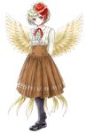  1girl adapted_costume animal animal_on_head arms_behind_back bird bird_on_head bird_tail bird_wings black_footwear black_legwear blonde_hair blush brown_skirt chick commentary_request eyebrows_visible_through_hair feathered_wings flat_chest frilled_shirt frills full_body head_tilt highres kotenbako_(dot_hako) long_sleeves looking_at_viewer meme_attire multicolored_hair niwatari_kutaka on_head pantyhose red_eyes red_hair red_neckwear red_ribbon ribbon shiny shiny_hair shirt short_hair simple_background skirt smile solo standing touhou two-tone_hair virgin_killer_outfit white_background white_shirt wings 