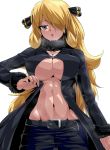 1girl arm_at_side bangs belt black_coat black_pants blonde_hair breasts breath cleavage coat detached_collar eyebrows_visible_through_hair fur-trimmed_sleeves fur_collar fur_trim grey_eyes groin hair_ornament hand_up highres large_breasts long_hair long_sleeves looking_at_viewer navel no_bra open_mouth pants parted_bangs pokemon pokemon_(game) pokemon_dppt shirona_(pokemon) simple_background solo stomach suzusiigasuki sweat underboob upper_body very_long_hair white_background 