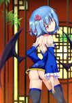  1girl ass bat_wings black_legwear black_panties blue_hair blue_neckwear blush breasts china_dress chinese_clothes choker closed_mouth dress eyebrows_visible_through_hair flower hair_flower hair_ornament highres indoors kagayama_hajime looking_at_viewer looking_back panties red_eyes remilia_scarlet shiny shiny_hair shiny_skin short_hair shoulder_blades small_breasts smile solo thighhighs touhou underwear wings 