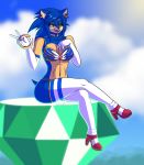  2019 anthro big_breasts blue_fur blue_hair bra breasts butt clothed clothing crossgender digital_media_(artwork) eulipotyphlan female footwear fur gloves green_eyes hair handwear happy hedgehog hi_res high_heels infested-wraith legwear mammal master_emerald open_mouth ring shoes simple_background smile solo sonic_(series) sonic_the_hedgehog stockings teeth thick_thighs tongue topwear underwear video_games 