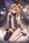  1girl abigail_williams_(fate/grand_order) aliceblue bangs black_bow black_legwear black_panties blonde_hair bow bug butterfly fate/grand_order fate_(series) hat highres insect keyhole long_hair looking_at_viewer mary_janes orange_bow panties parted_bangs petals polka_dot polka_dot_bow red_eyes shoes tentacles topless underwear very_long_hair witch_hat 