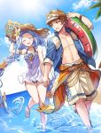  :d ^_^ bare_shoulders beach blue_shirt blue_sky braid closed_eyes day dutch_angle facing_viewer feet_out_of_frame flower gran_(granblue_fantasy) granblue_fantasy hair_flower hair_ornament hat holding_hands kingyo_114 looking_at_another lyria_(granblue_fantasy) one-piece_swimsuit open_mouth palm_tree sandals shirt sky smile straw_hat swimsuit tree twin_braids visor_cap wading 