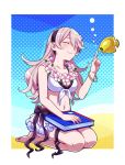  1girl bikini book bracelet closed_eyes closed_mouth corrin_(fire_emblem) corrin_(fire_emblem)_(female) fire_emblem fire_emblem_fates fire_emblem_heroes fish full_body hiyori_(rindou66) jewelry long_hair navel pointy_ears sitting smile solo swimsuit thigh_strap twitter_username white_hair wreath 