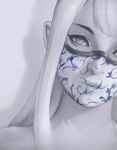  1girl close-up commentary english_commentary face facepaint grey_eyes koyorin lips long_hair monochrome nose original porcelain solo spot_color white_hair white_skin 