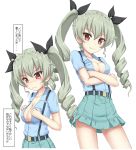  1girl anchovy bangs black_ribbon blue_shirt blush breasts cleavage closed_mouth collared_shirt commentary_request crossed_arms dress_shirt eyebrows_visible_through_hair flipper girls_und_panzer green_hair green_skirt hair_between_eyes hair_ribbon medium_breasts multiple_views nose_blush pleated_skirt puffy_short_sleeves puffy_sleeves red_eyes ribbon ringlets shirt short_sleeves simple_background skirt smile suspender_skirt suspenders sweat translation_request twintails v-shaped_eyebrows white_background 