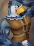  2019 animal_crossing anthro avian beak bottomless clothed clothing hand_behind_head hand_on_hip hi_res looking_at_viewer male muscular nintendo penis pierce_(animal_crossing) quival simple_background solo topwear vest video_games 