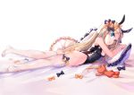  1girl abigail_williams_(fate/grand_order) animal_ears ass bangs bare_shoulders black_bow blonde_hair blue_eyes blush bow breasts bunny_ears bunny_tail commentary_request cushion fate/grand_order fate_(series) feet forehead full_body highres jin_young-in legs long_hair looking_at_viewer lying on_stomach open_mouth orange_bow parted_bangs polka_dot polka_dot_bow revision simple_background stuffed_animal stuffed_toy tail teddy_bear thighhighs thighs white_background white_legwear 