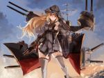  1girl anchor_hair_ornament bare_shoulders bismarck_(kantai_collection) blonde_hair blue_eyes brown_gloves cannon cloud commentary_request detached_sleeves feet_out_of_frame gloves gradient_sky grey_legwear hair_ornament hat highres iron_cross kantai_collection long_hair looking_at_viewer machinery military military_hat military_uniform nagasawa_tougo peaked_cap sky solo standing sunrise thighhighs turret uniform 
