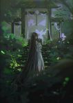  1girl bangs black_hair blurry blurry_foreground commentary_request day depth_of_field dress long_hair looking_at_viewer looking_back miemia nature original outdoors plant profile stairs standing stone_stairs underwear very_long_hair white_dress 