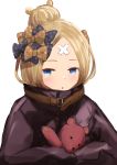  1girl :o abigail_williams_(fate/grand_order) bangs black_bow black_jacket blonde_hair blue_eyes bow commentary_request crossed_bandaids fate/grand_order fate_(series) hair_bow hair_bun heroic_spirit_traveling_outfit highres jacket long_hair long_sleeves object_hug orange_bow parted_bangs parted_lips polka_dot polka_dot_bow simple_background sleeves_past_fingers sleeves_past_wrists solo sonri stuffed_animal stuffed_toy teddy_bear upper_body white_background 