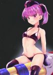  1girl absurdres alternate_costume bangs bare_shoulders bikini black_background blush bow breasts collarbone commentary_request eyebrows_visible_through_hair fate/grand_order fate_(series) garrison_cap gloves hair_bow hat helena_blavatsky_(fate/grand_order) helena_blavatsky_(swimsuit_archer)_(fate) highres huge_filesize karu_(ricardo_2628) looking_at_viewer navel parted_lips ponytail purple_bikini purple_eyes purple_gloves purple_hair shiny shiny_clothes shiny_hair shiny_skin simple_background sitting small_breasts smile solo stomach swimsuit thighhighs tied_hair 