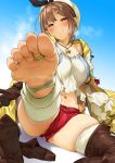  1girl arm_support atelier_(series) atelier_ryza belt blush boots breasts bridal_legwear brown_eyes brown_hair feet foot_up gloves hair_ornament hairclip hat highres jewelry looking_at_viewer medium_breasts navel necklace open_mouth pija_(pianiishimo) red_shorts reisalin_stout short_hair short_shorts shorts sitting smile soles solo star sweat thighhighs thighs toeless_legwear toes white_headwear 