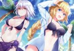  2girls :d alternate_costume arm_up bag bangs bikini black_bikini black_hairband blonde_hair blue_eyes blue_jacket blue_sky braid breasts cleavage closed_mouth cloud day eyebrows_visible_through_hair fate/grand_order fate_(series) flower front-tie_bikini front-tie_top hair_flower hair_ornament hairband highres hood hooded_jacket jacket jeanne_d&#039;arc_(alter)_(fate) jeanne_d&#039;arc_(fate)_(all) jeanne_d&#039;arc_(swimsuit_archer) large_breasts long_braid long_sleeves masuishi_kinoto multiple_girls open_clothes open_jacket open_mouth outdoors palm_tree ponytail purple_flower purple_rose rose scan short_hair silver_hair single_braid sky smile swimsuit translation_request tree yellow_eyes 