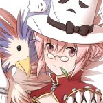  1girl bangs bird black_bow bow caduceus cape character_print closed_mouth commentary_request creator_(ragnarok_online) double_bun filir_(ragnarok_online) glasses gloves hair_between_eyes hat hat_bow leaf living_clothes looking_at_viewer mouth_hold natsuya_(kuttuki) pince-nez pink_eyes pink_hair ragnarok_online red_cape round_eyewear short_hair simple_background smile stalk_in_mouth teeth top_hat upper_body whisper_(ragnarok_online) white_background white_gloves 