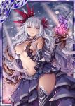  1girl akkijin bare_shoulders bare_tree breasts card_(medium) cleavage crystal dress flower gloves glowing_crystal hair_flower hair_ornament hand_on_own_chest large_breasts long_hair looking_at_viewer official_art purple_eyes purple_ribbon ribbon shinkai_no_valkyrie silver_hair sky staff star_(sky) starry_sky thighhighs tree underwear white_gloves 