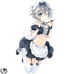  1girl absurdres blue_eyes breasts date_a_live glasses highres holding holding_pen honjou_nia jumping looking_at_viewer maid_dress pen short_hair silver_hair small_breasts smile stomach thighhighs tsunako 