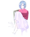 1girl bangs blue_hair chair character_name closed_mouth commentary_request dated gurifu hair_over_one_eye kirishima_touka knees_up light_smile on_chair purple_eyes red_shirt shirt short_hair simple_background sitting sitting_sideways skirt solo tokyo_ghoul twitter_username white_background white_skirt 
