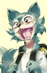  2019 anthro beastars black_nose blush canid canine canis fangs happy hi_res legosi_(beastars) male mammal open_mouth pkbunny solo tongue wolf 