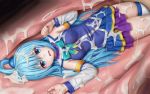  1girl aki99 aqua_(konosuba) beads blue_eyes blue_hair breasts covered_nipples detached_sleeves hair_beads hair_ornament hair_rings highres inside_creature kono_subarashii_sekai_ni_shukufuku_wo! long_hair lying medium_breasts on_back open_mouth purple_skirt pussy revision see-through single_thighhigh skirt slime solo thighhighs vore wavy_mouth white_legwear 