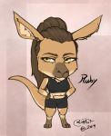  2019 blokfort brown_hair clothed clothing female fur hair hoodie huge_head kangaroo long_hair macropod mammal marsupial ruby_(comfycreations) solo tan_fur thick_tail topwear yellow_eyes 