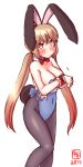  1girl alternate_costume animal_ears artist_logo blue_leotard bow bowtie breasts brown_eyes brown_hair bunny_ears bunny_tail bunnysuit cameltoe cleavage commentary_request covered_navel covering covering_breasts cowboy_shot dated detached_collar highres kanon_(kurogane_knights) kantai_collection leotard long_hair looking_at_viewer low_twintails medium_breasts pantyhose red_neckwear simple_background solo strapless strapless_leotard tail tashkent_(kantai_collection) twintails white_background wrist_cuffs 
