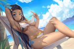  1girl absurdres aqua_eyes aqua_hair arm_up armpits beach beach_chair bikini blue_sky blush breasts cloud crossed_legs dark_skin earrings hair_ornament highres hoop_earrings jewelry looking_at_viewer lying medium_breasts muji_(majunduo) navel ocean on_back pokemon pokemon_(game) pokemon_swsh rurina_(pokemon) side-tie_bikini sky smile solo strap_pull swimsuit underboob white_bikini 