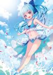  1girl :d bare_arms bare_legs bikini blue_bikini blue_bow blue_eyes blue_hair blue_theme bow cloud collarbone flower_knight_girl full_body glint hair_bow kusumoto_miya long_hair looking_at_viewer navel nerine_(flower_knight_girl) ocean open_mouth outstretched_arms petals ponytail sky smile solo spread_arms standing swimsuit water 
