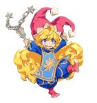 1girl ahoge arlmuffin arms_up bangs blonde_hair blue_eyes charlotte_(seiken_densetsu_3) commentary curly_hair flail full_body hat holding holding_weapon jester_cap leg_up long_hair long_sleeves open_mouth pom_pom_(clothes) red_footwear red_headwear seiken_densetsu seiken_densetsu_3 smile solo sun_(symbol) tabard transparent_background weapon 